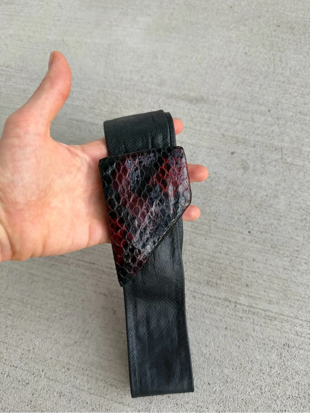 Vintage Wide Leather Stretch Belt with Genuine Snakeskin Buckle Black Burgundy